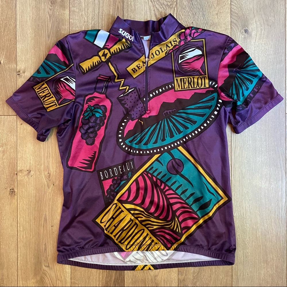 Sugoi Wine Graphic All Over Print Cycling Jersey Quarter Zip Pockets 90s Vintage